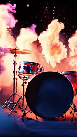 a drum set is surrounded by a cloud of blue and red smoke. the drum set is the main focus of the image, and the smoke adds a sense of chaos and energy to the scene