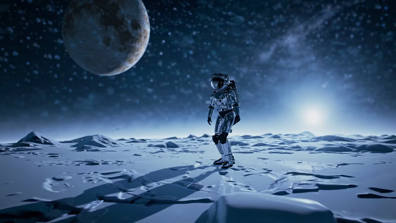 외계인의 얼음 행성에 있는 우주비행사