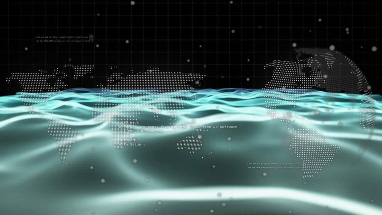 Animation of data processing with world map and globe over waves on black background