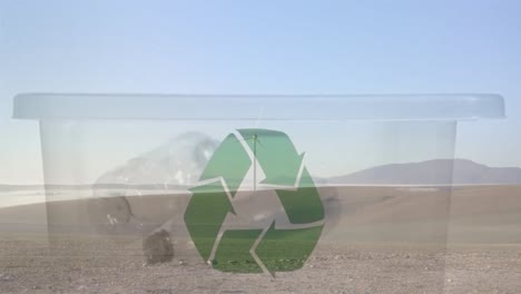 animación de un cartel de reciclaje verde sobre una caja con botellas de plástico y una turbina eólica