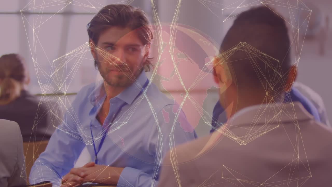 Animación de un globo terráqueo sobre gente diversa de negocios en una oficina