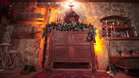 outstanding old-fashionable furniture made of wood with carved facade. beautifully decorated country house interior.