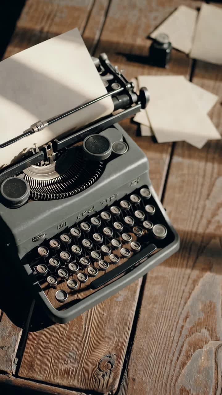 Macchina da scrivere vintage su una scrivania di legno con fogli e macchina fotografica