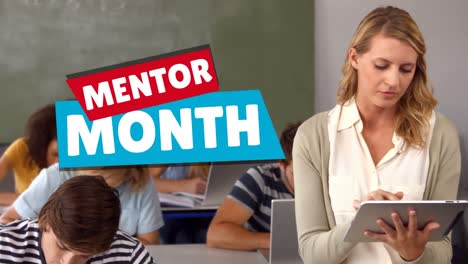 Animation-of-mentor-month-text-over-diverse-students-with-happy-caucasian-female-teacher