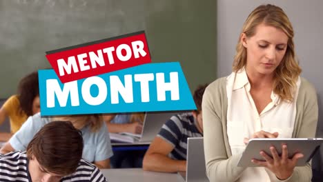 animación del texto del mes de mentor sobre estudiantes diversos con una feliz maestra caucásica