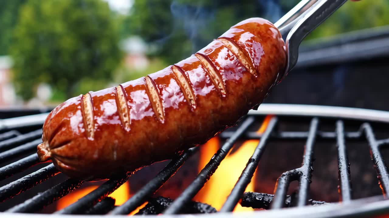 Video ravvicinato di una salsiccia succulenta che griglia su fiamme libere