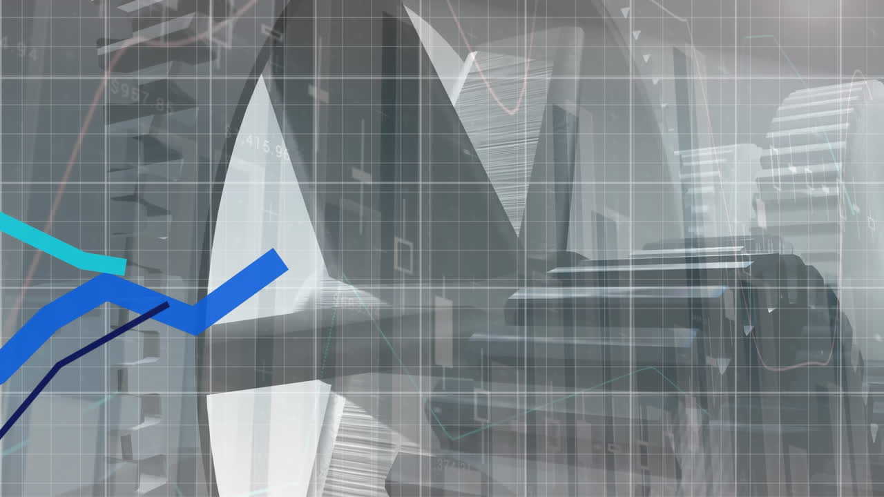 Animation of financial data processing over cogwheels on grey background