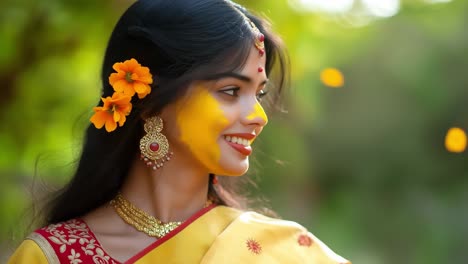 young indian woman wearing yellow saree, celebrating holi festival, smiling softly with face covered in vibrant yellow powder, traditional jewelry highlighting festive beauty