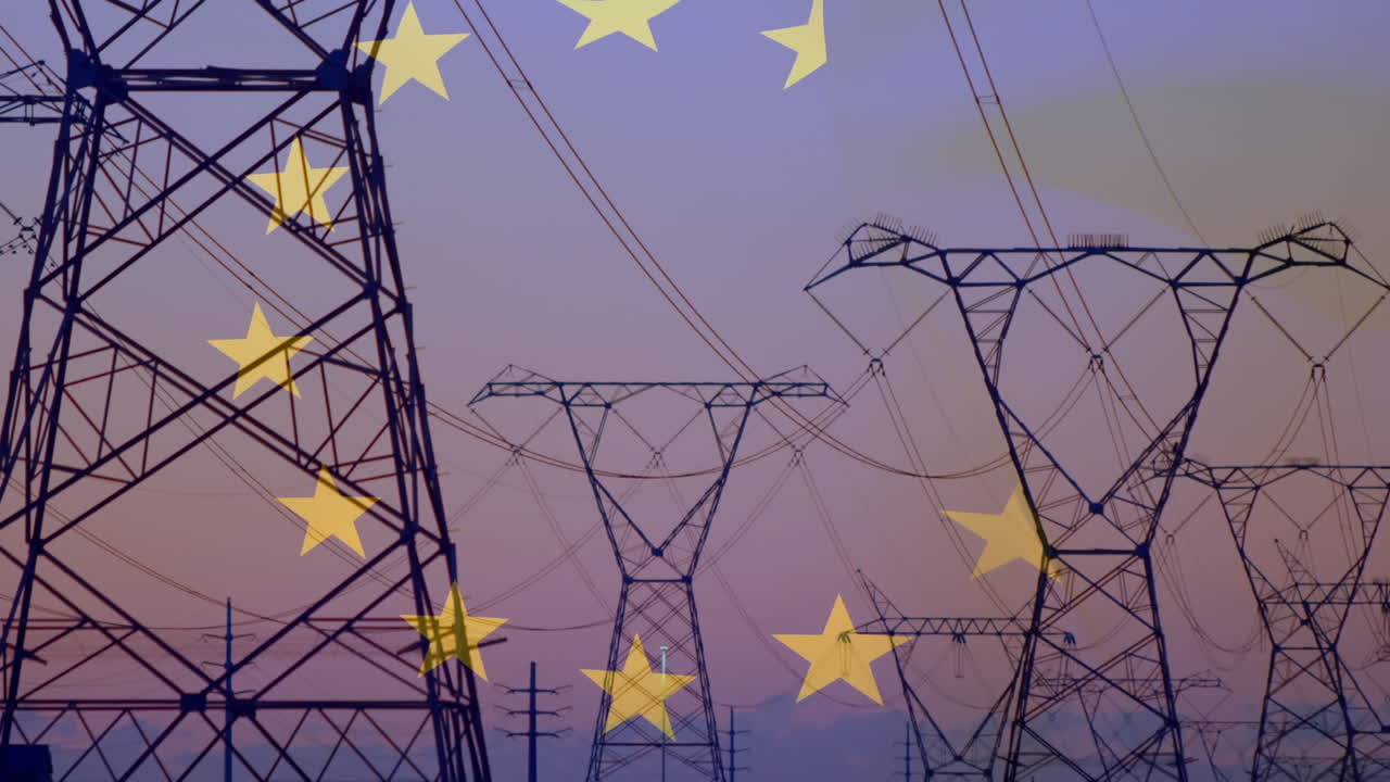 анимация флага европейского союза над электрическими столбами в поле при заходе солнца