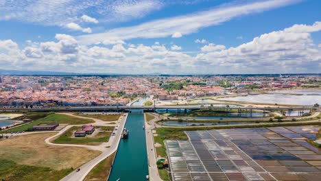 aerial hyperlapse of aveiro city and its beautiful tradicional salt pans