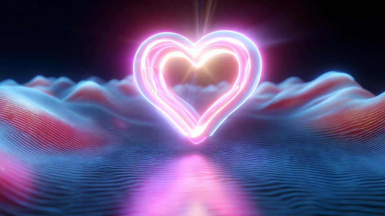 A Radiant Heart Shining in a Dreamlike 3D Landscape, Surrounded by Vibrant Waves and Illuminated Colors, Representing Love, Emotion, and Connection in a Visually Stunning Abstract Setting