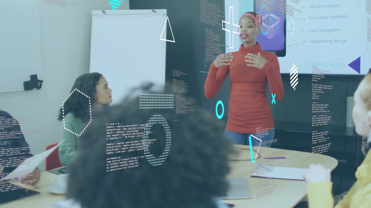 Presenter in red raising hand starting business meeting while code overlays shifting with gestures