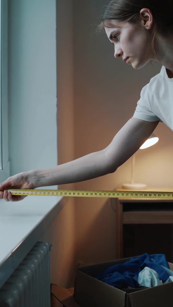 Vertical video: Measuring woman in white tee pulling tape across sill at home for fit, copy space