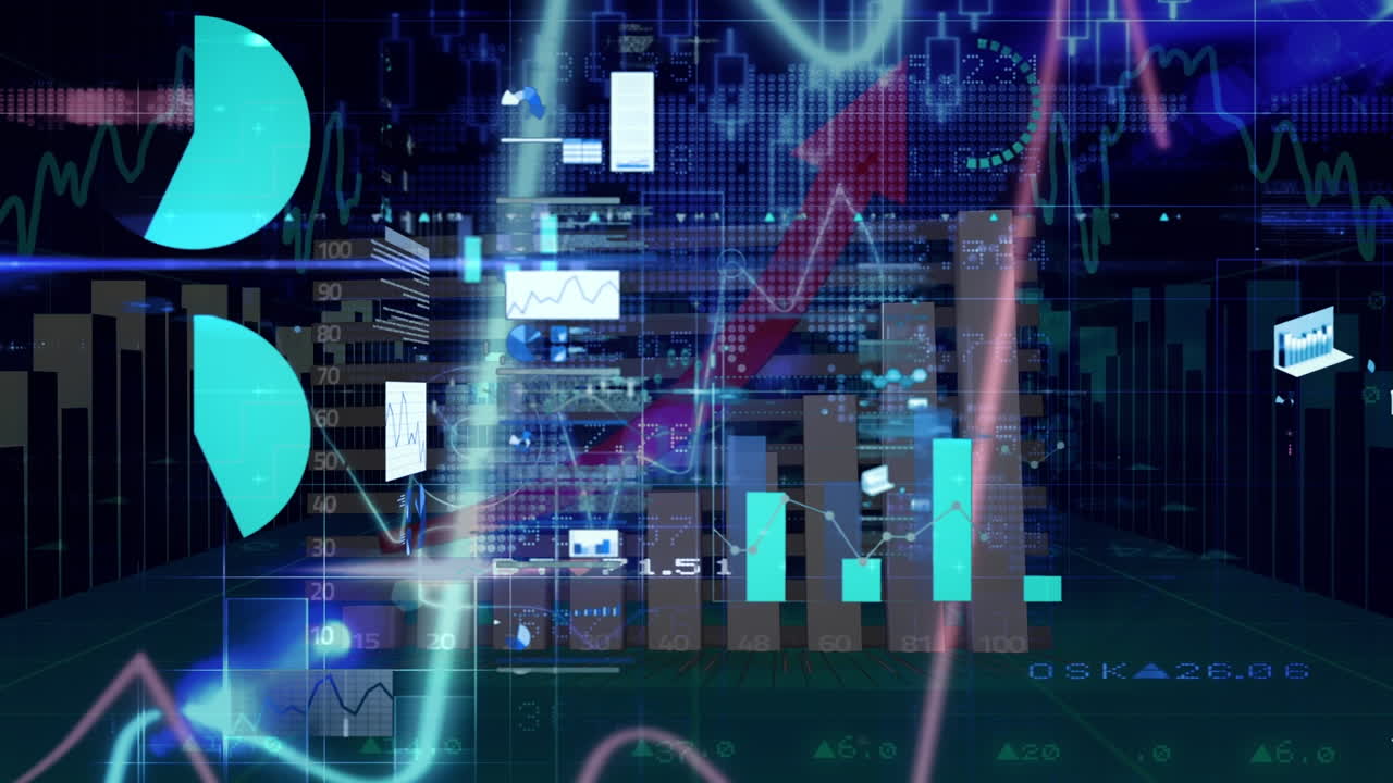 animación del procesamiento de datos financieros sobre un fondo oscuro