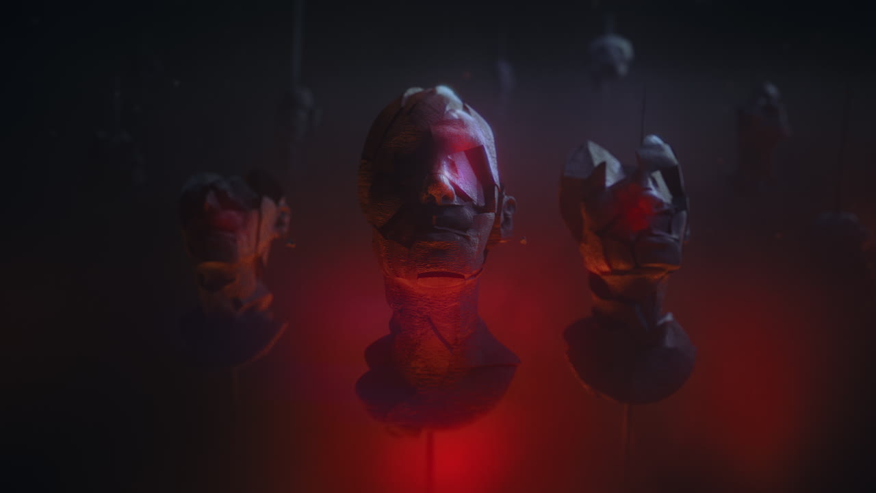 Three crushed android heads on spikes in hell