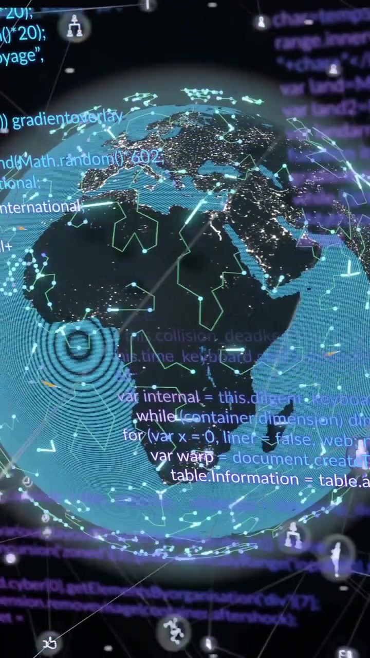 Animation of globe and data processing over dark background