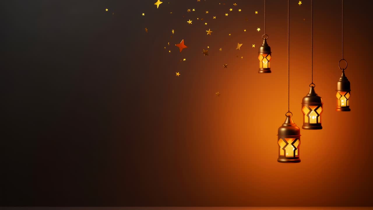 Farolillos cálidos y estrellas sobre un fondo oscuro, en ángulo para una intro de vídeo acogedora