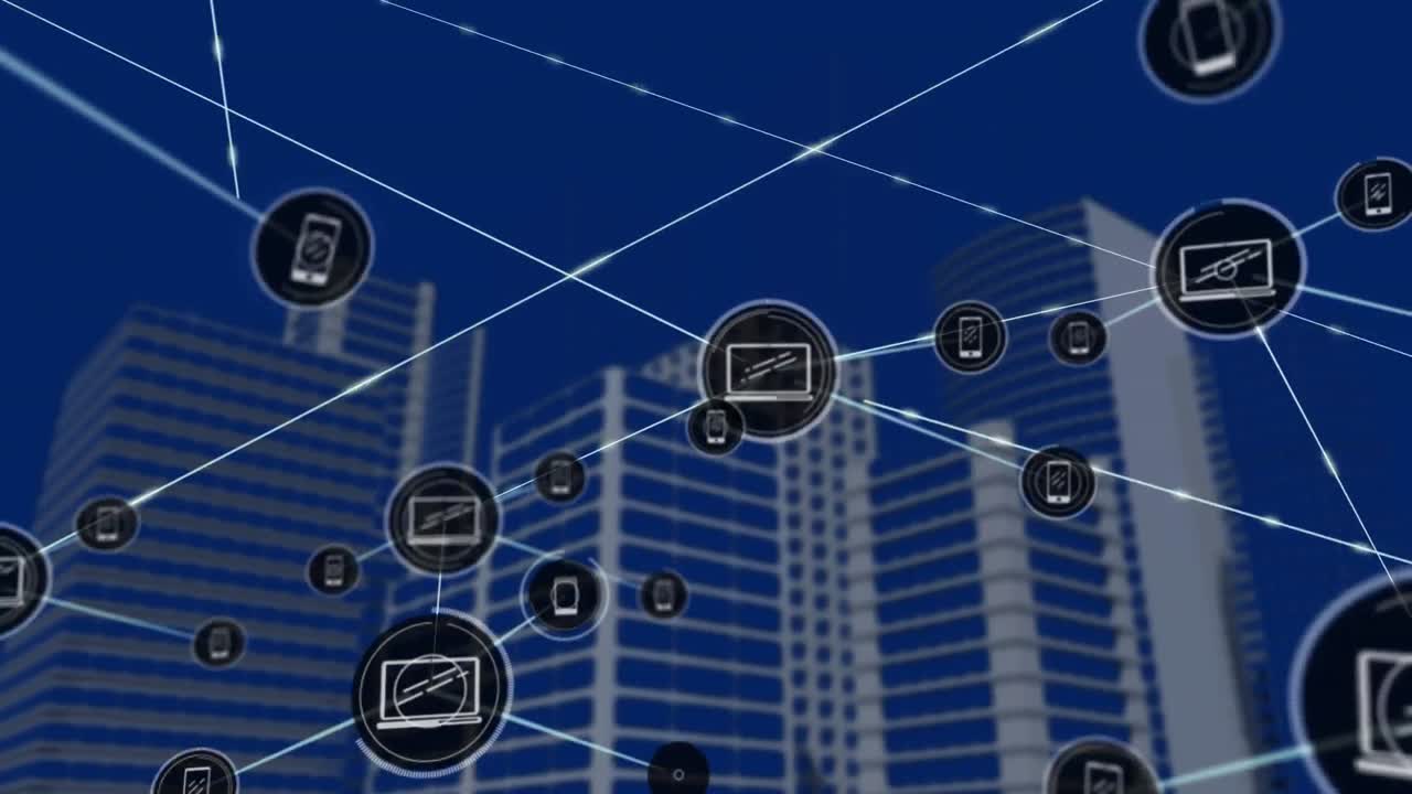 Animation of network of connections with icons over cityscape