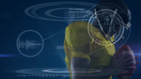 animación de un jugador de fútbol americano sobre diversos datos en el fondo