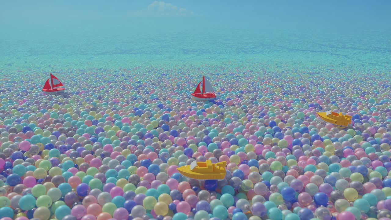Floating two red sailboats and two yellow motor boats drifting on pastel ball sea, camera panning