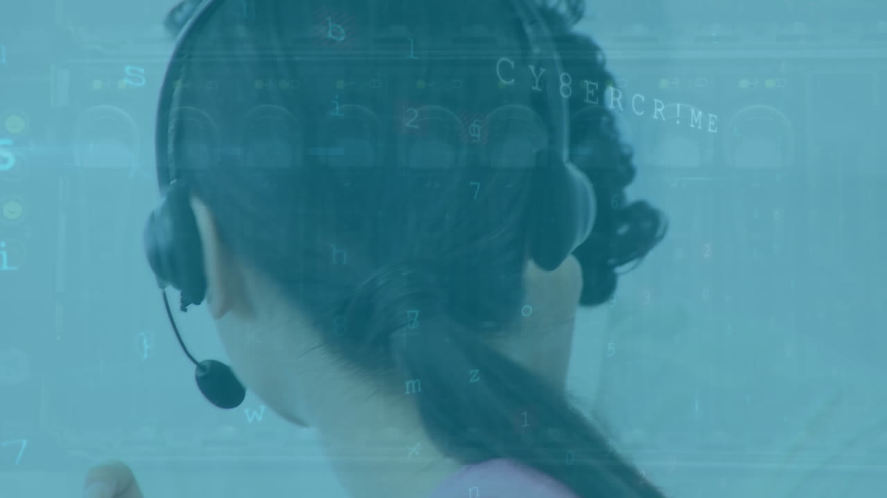 Cyber security data processing over diverse male and female customer care executives talking