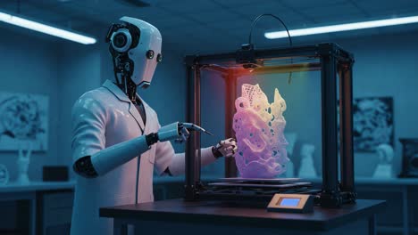 a futuristic robot engaged in 3d printing a complex structure in a high-tech laboratory setting, showcasing advanced technology and innovation