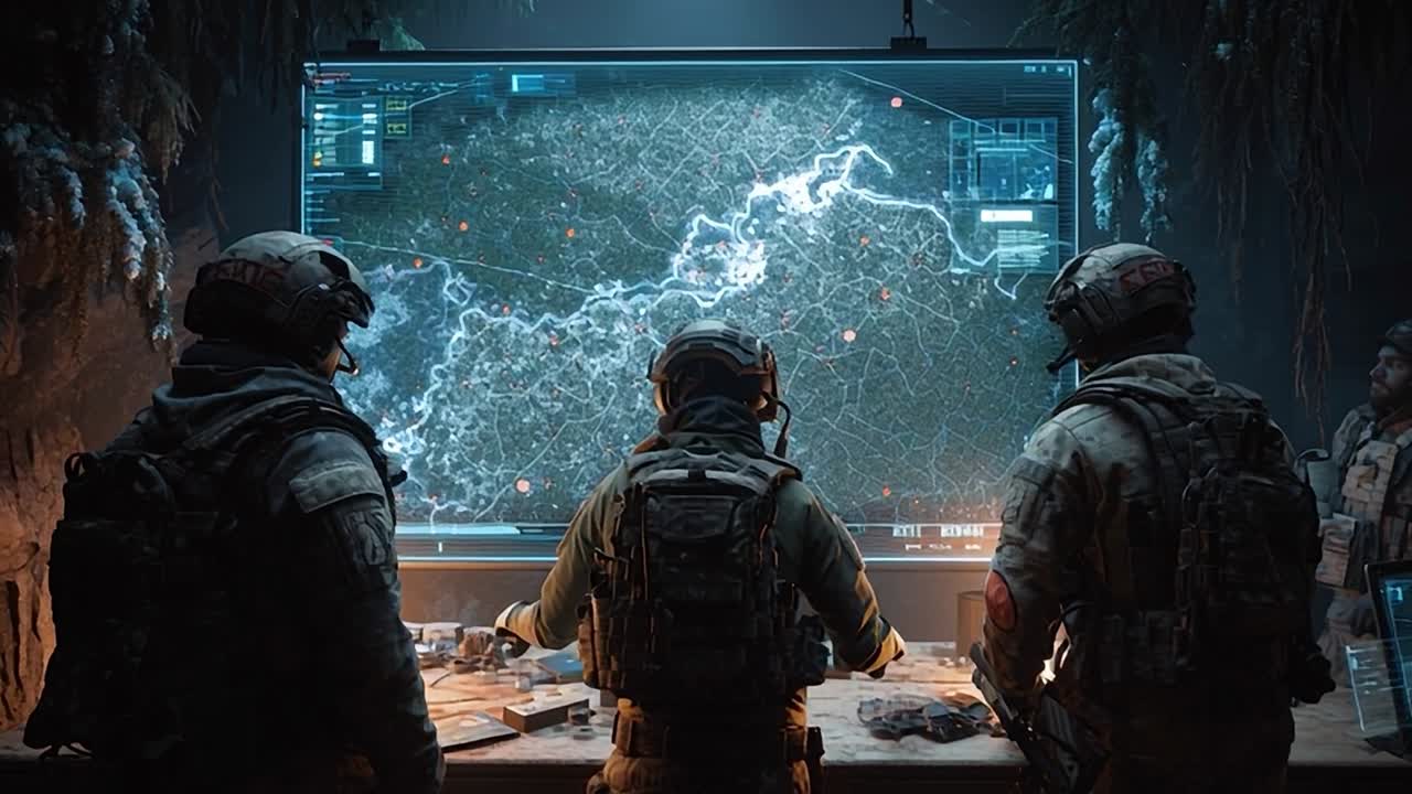 ハイテクな地図ディスプレイを備えたコマンドセンターで戦略を練る兵士たち。