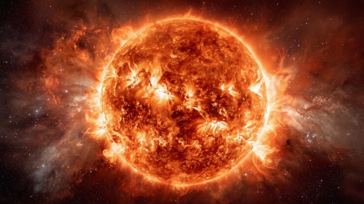 A Stunning Close-Up of a Fiery Sun Surrounded by Cosmic Elements, Capturing the Intense Solar Power and Vibrant Fury of Our Star in the Vastness of Space