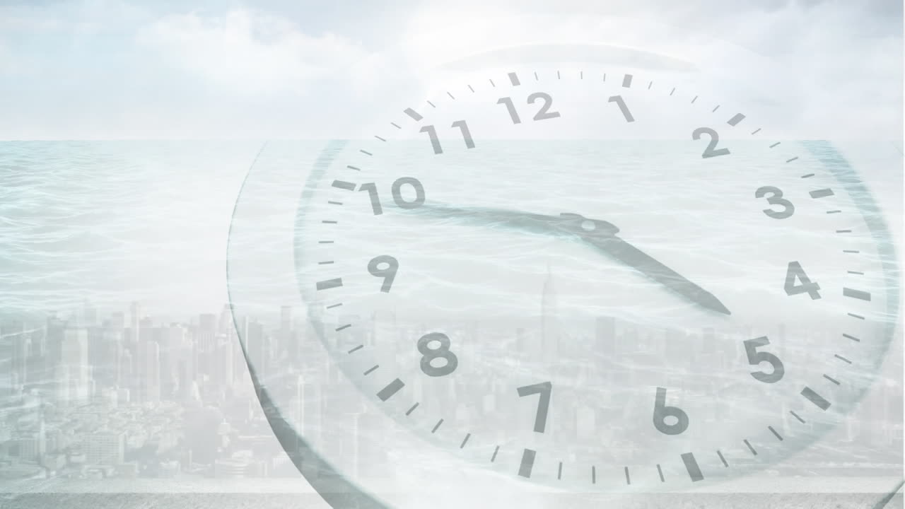 都市風景の上に動く時計のアニメーション
