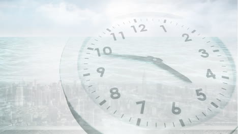 animation of moving clock over cityscape