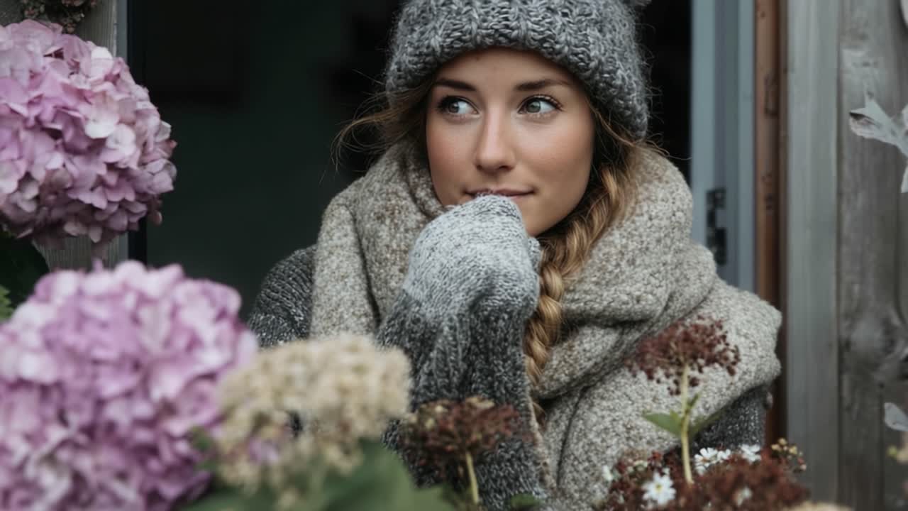 A Cozy Moment: A Young Woman in a Knit Hat and Warm Scarf Contemplates Life While Surrounded by Vibrant Flowers in a Window Nook on a Chill Day
