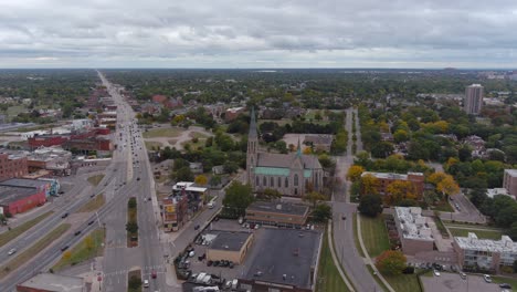 drone view of gratiot avenue in and surrounding area in detroit, michigan