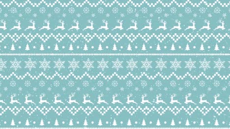 animation of snow falling over christmas reindeer pattern on blue background