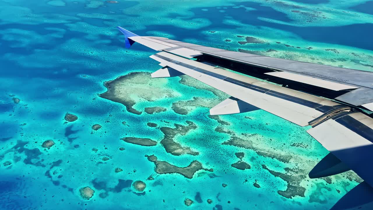Airplane wing overlooking vibrant coral reefs and turquoise ocean