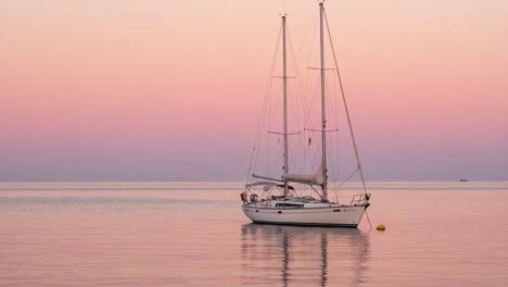 a serene evening on calm waters: a white sailboat anchored under a gradient sky of soft pink and lavender colors against the reflective surface of tranquil seas