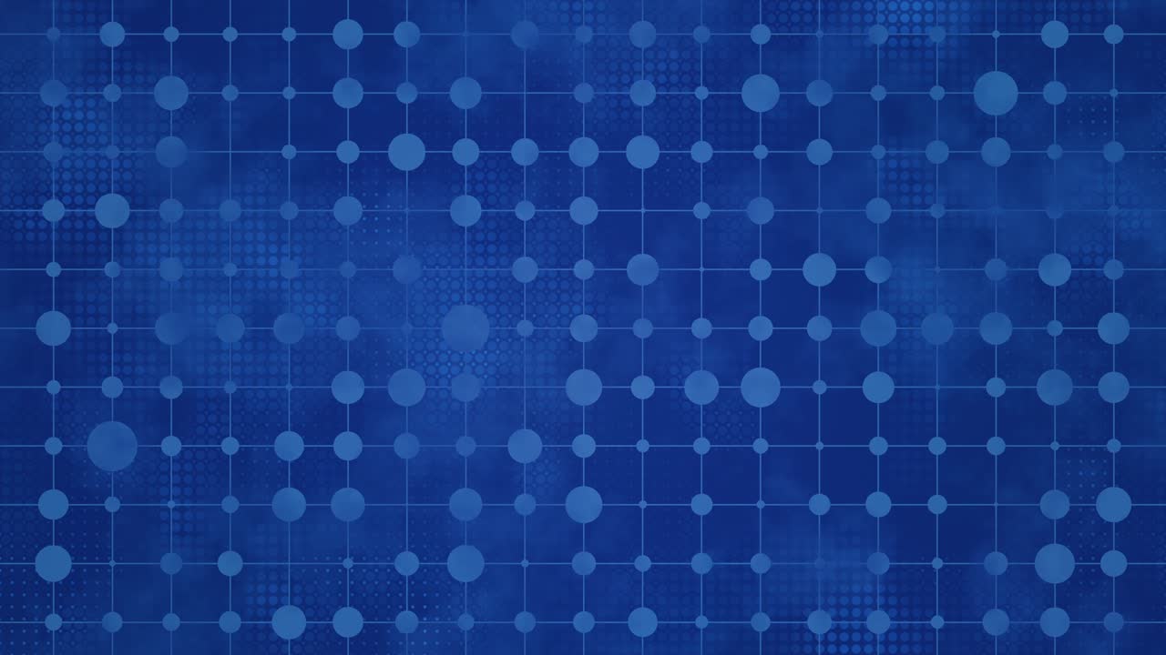 Loopable blue abstract background with connected dots grid pattern and varying circle sizes on grid lines, technology, news, network, science, visualization design backdrop