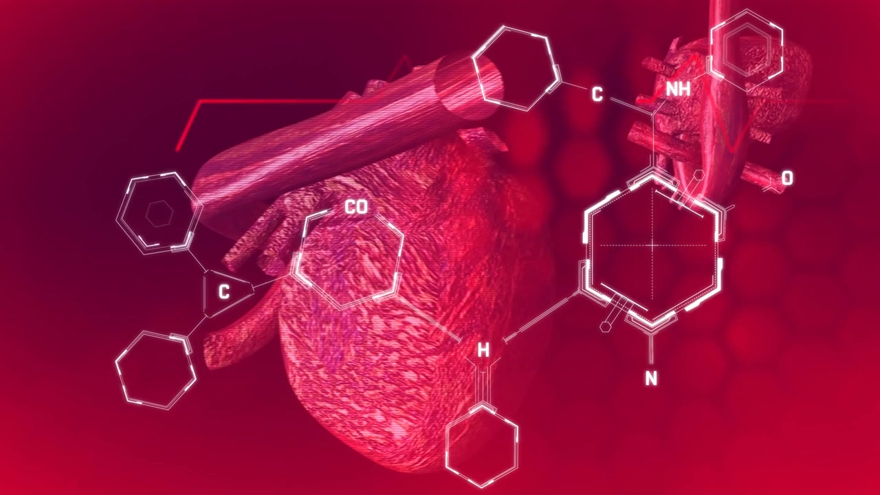 Animazione di strutture chimiche e monitor della frequenza cardiaca su due cuori che ruotano su sfondo rosso