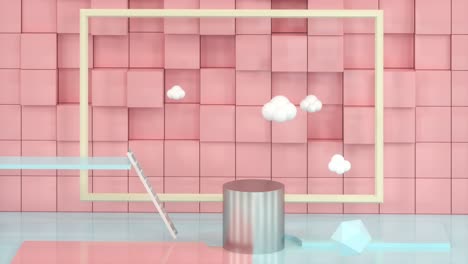 many geometries in the cartoon room,floating clouds,3d rendering.