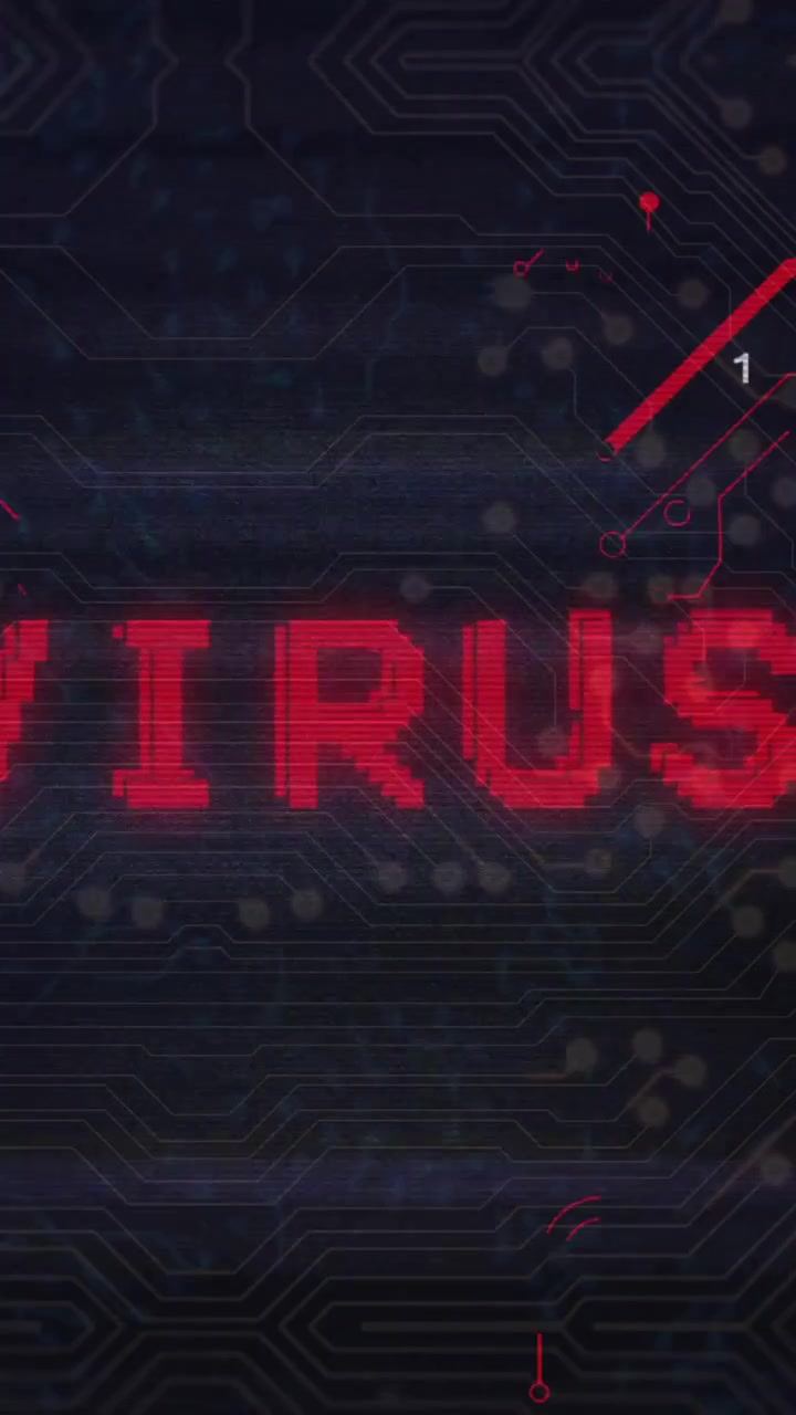 Animazione del testo "Virus" su sfondo di circuito stampato digitale con codice binario