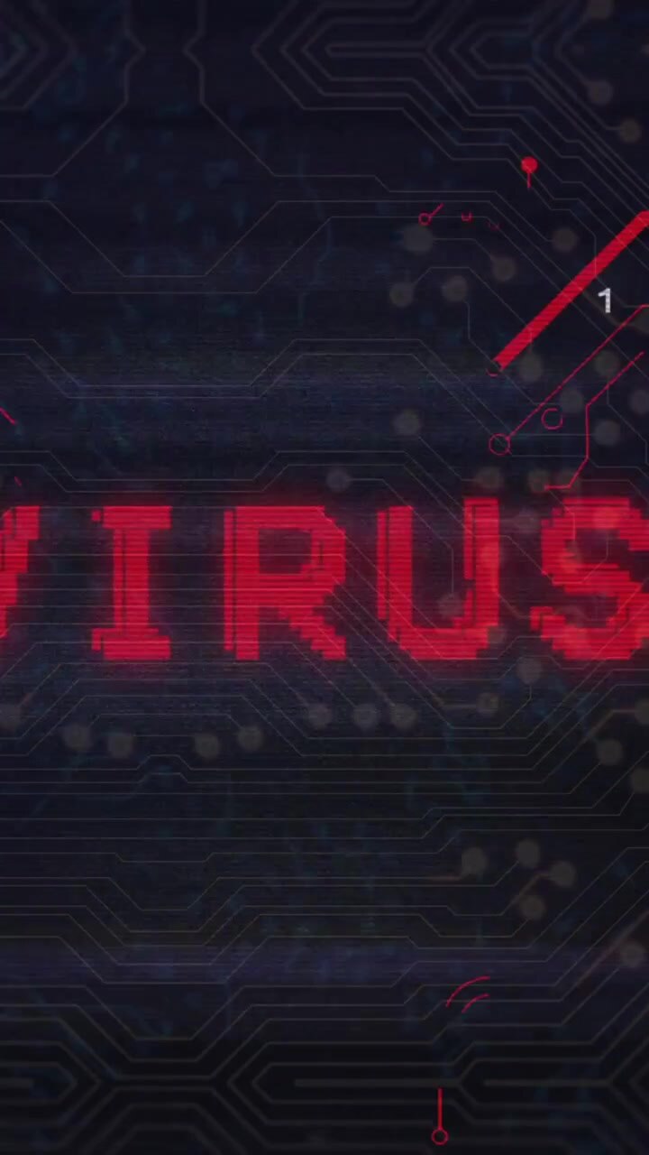 Virus-tekst animation over en digital printplade-baggrund med binær kode