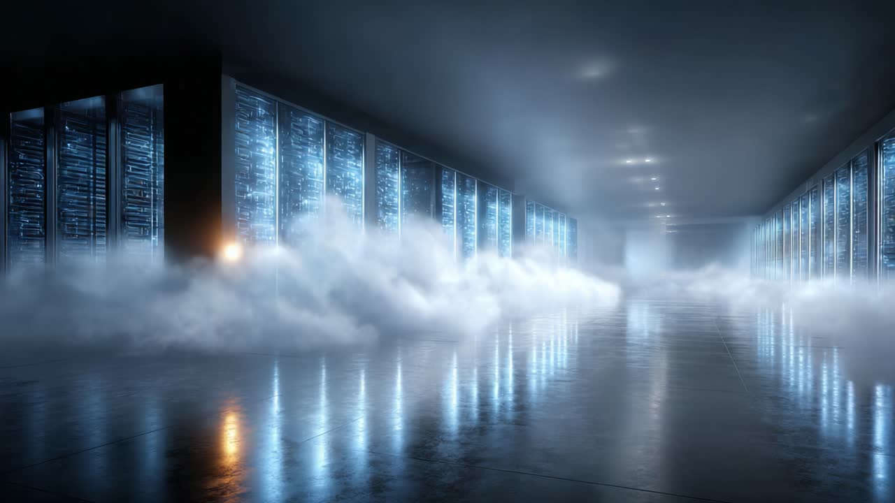 A Mystical Data Center Environment Illuminated by Soft Blue Lights, Surrounded by Ethereal Fog, Creating a Futuristic Ambiance Ideal for Innovative Technologies
