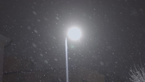 street lighting lamp around which snow is falling at night in the city