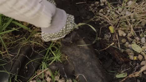 mujer quitando la lona que cubre el suelo en el jardín