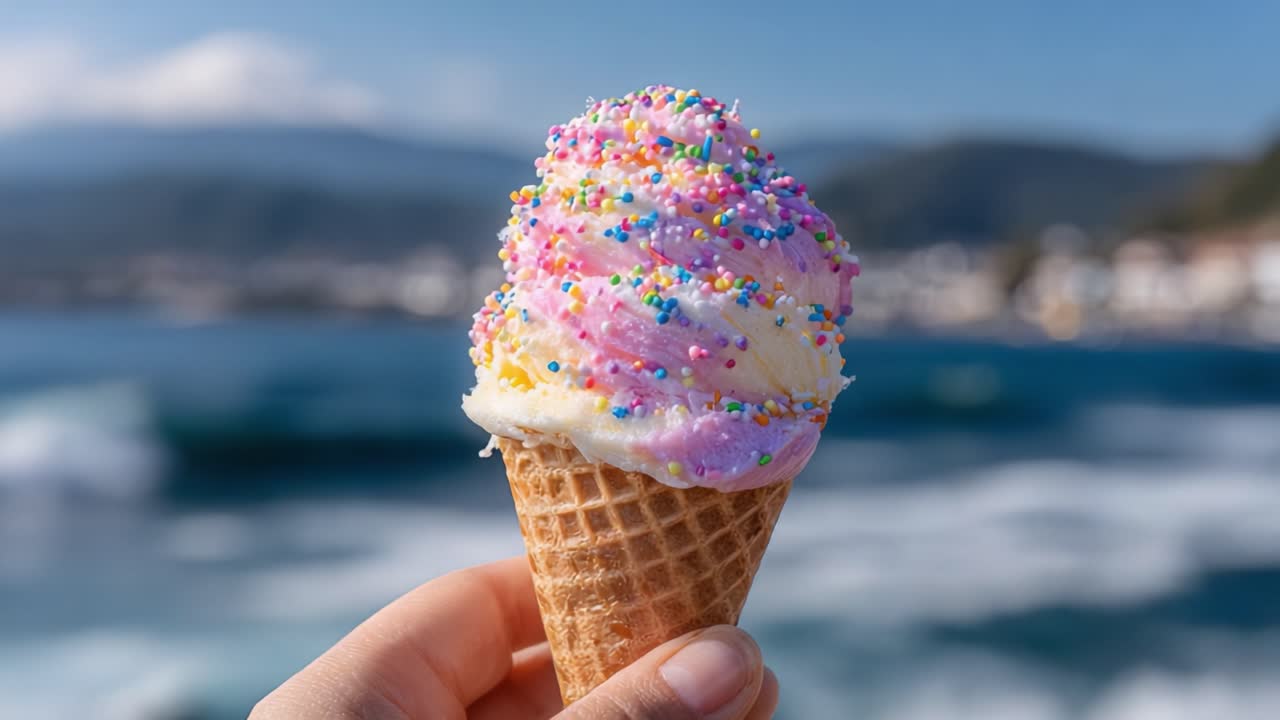 Delizioso cono gelato con codette colorate su uno sfondo panoramico di acque blu e montagne, perfetto per una delizia estiva e un piacere rinfrescante.