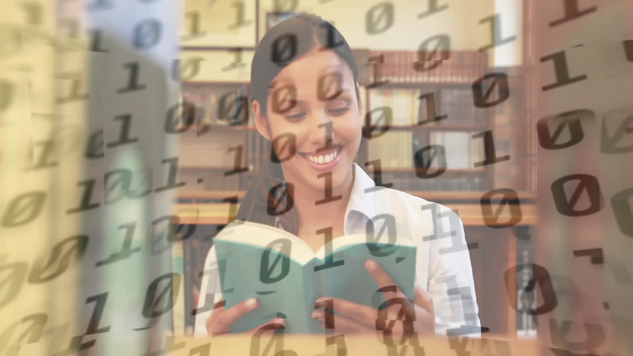 leyendo un libro en la biblioteca, mujer con animación de código binario en el fondo