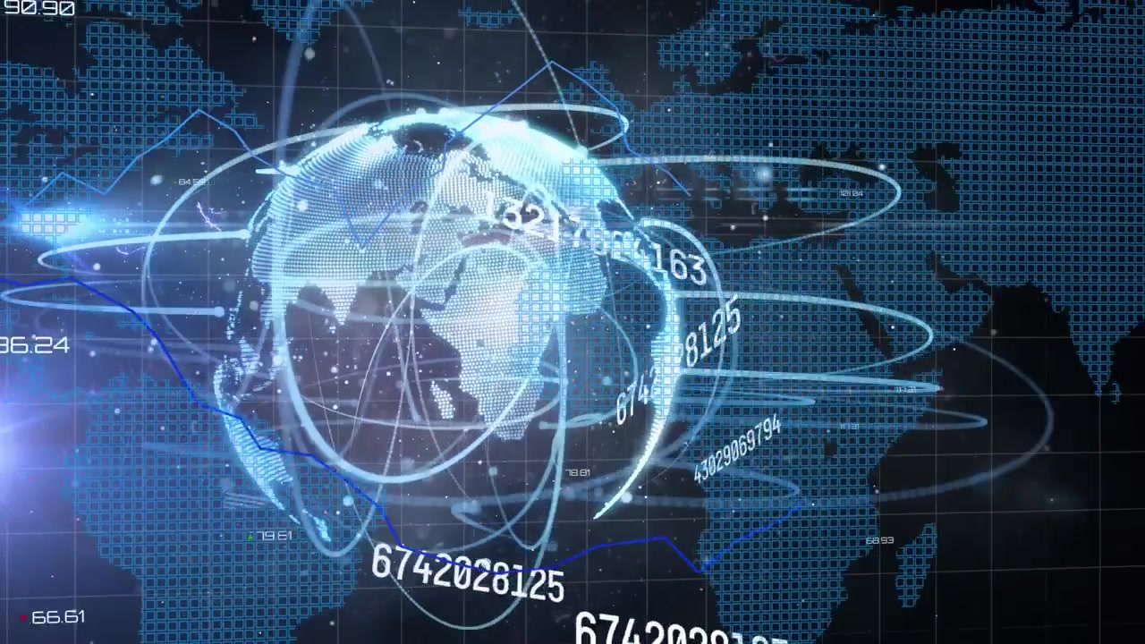 Animation of statistical data processing and changing numbers over spinning globe and world map