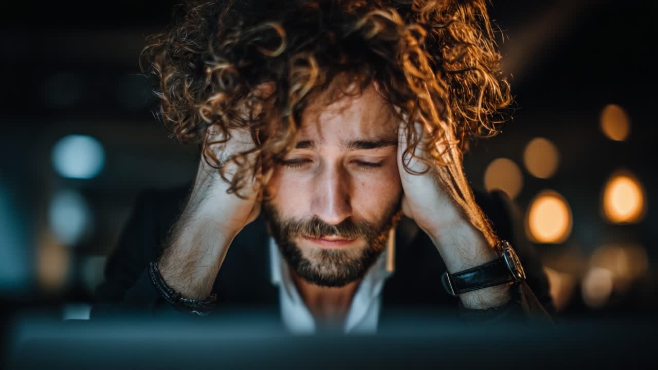 A Frustrated Man Stares at His Computer Screen, Clearly Overwhelmed by Stress and Pressure in a Dimly Lit Office Environment