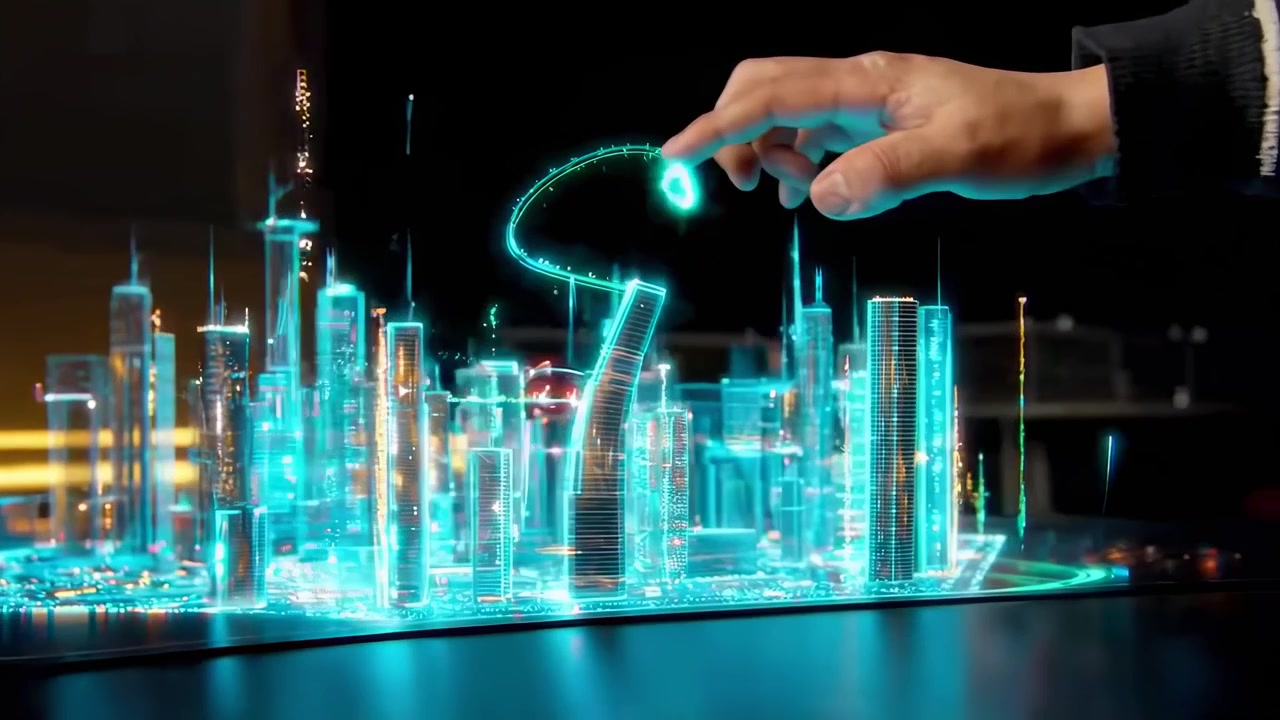 Hand Interacting with Futuristic Holographic Smart City Model