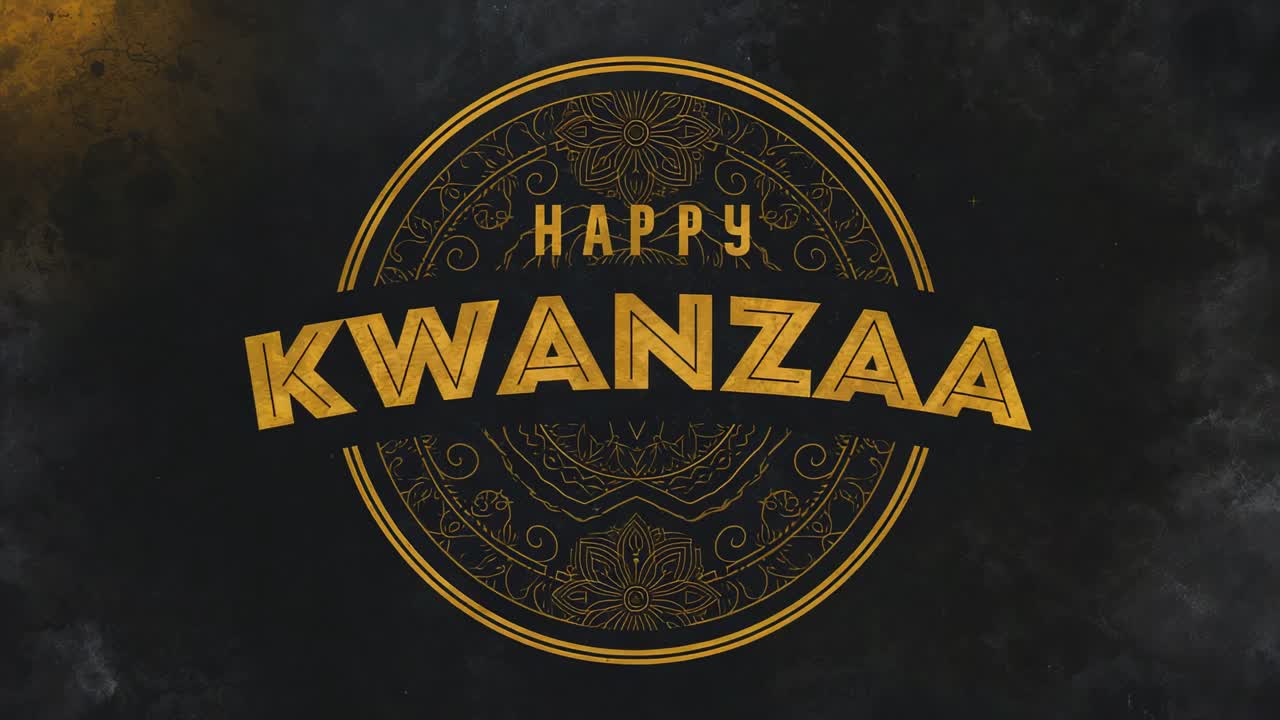 Animating gold emblem and KWANZAA banner tilting clockwise on charcoal, HAPPY gleaming for Kwanzaa