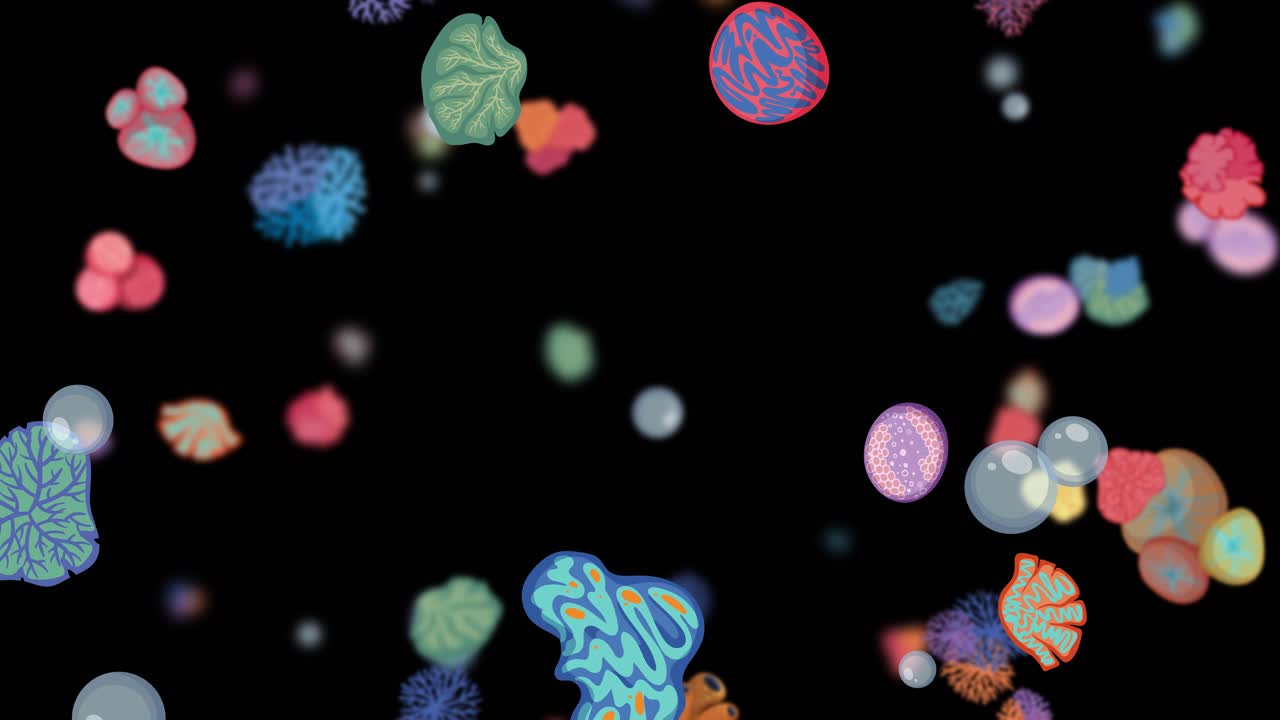 Vibrant coral shapes falling against a dark backdrop